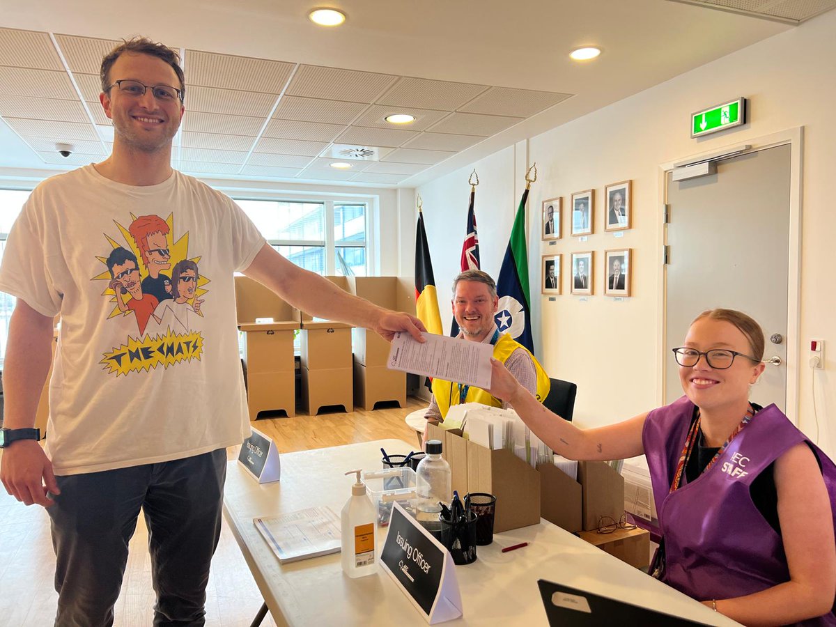 🗳️ Great to welcome Carl, our 80th voter on our first day of voting in Copenhagen. 🗳️

We’ll have in-person voting at the Australian Embassy in Copenhagen weekdays from Wednesday 23 April to Friday 2 May 10am to 4pm and Friday 25 April (ANZAC Day) from 9am to 4pm.