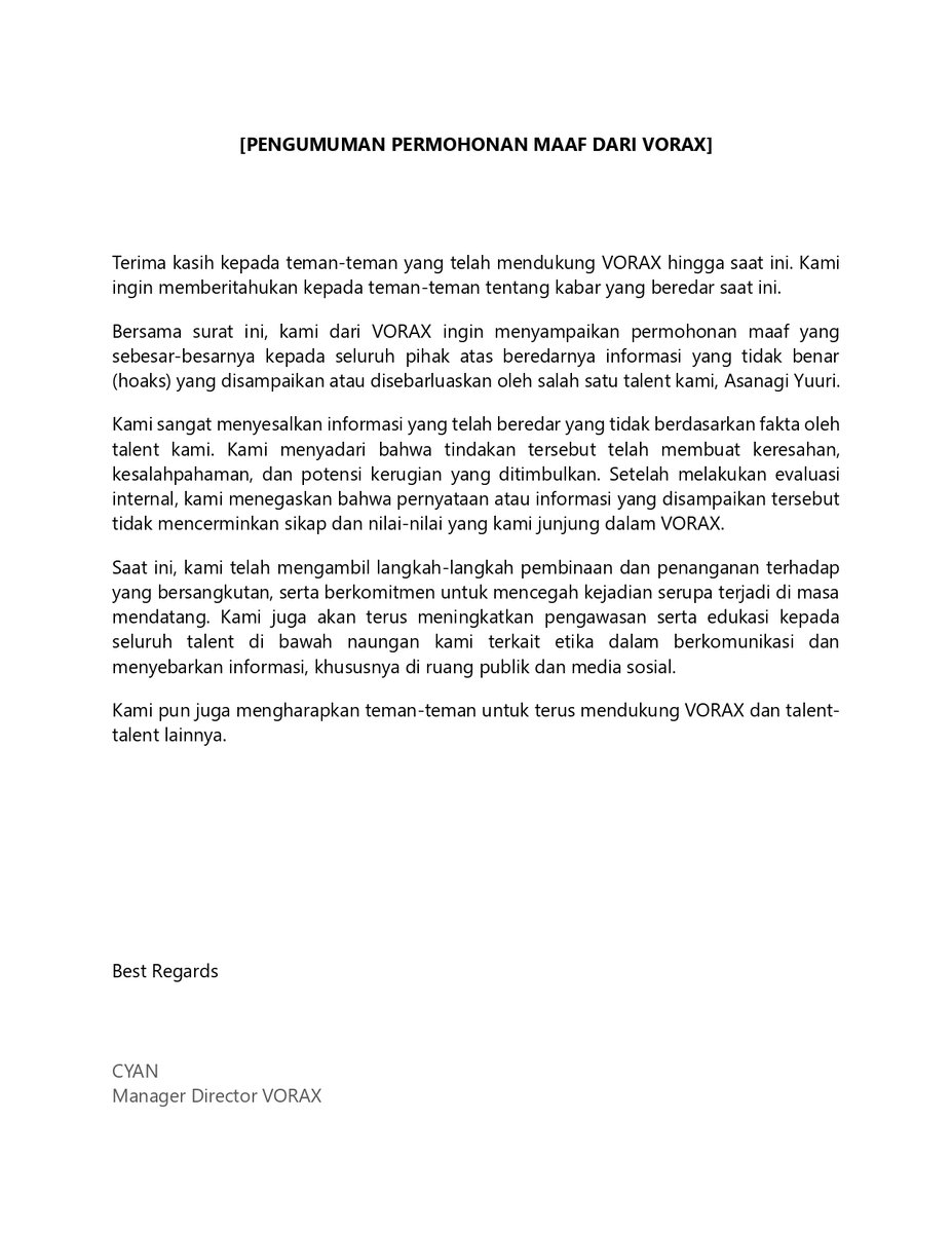 CODEVORAX's tweet photo. 【PENGUMUMAN PERMOHONAN MAAF DARI VORAX】

Seiring dengan dikeluarkan surat pengumuman ini, kami menyampaikan permohonan maaf sebesar-besarnya atas tindakan yang telah diperbuat oleh talent kami, Asanagi Yuuri. https://t.co/IJo2EPuiG9