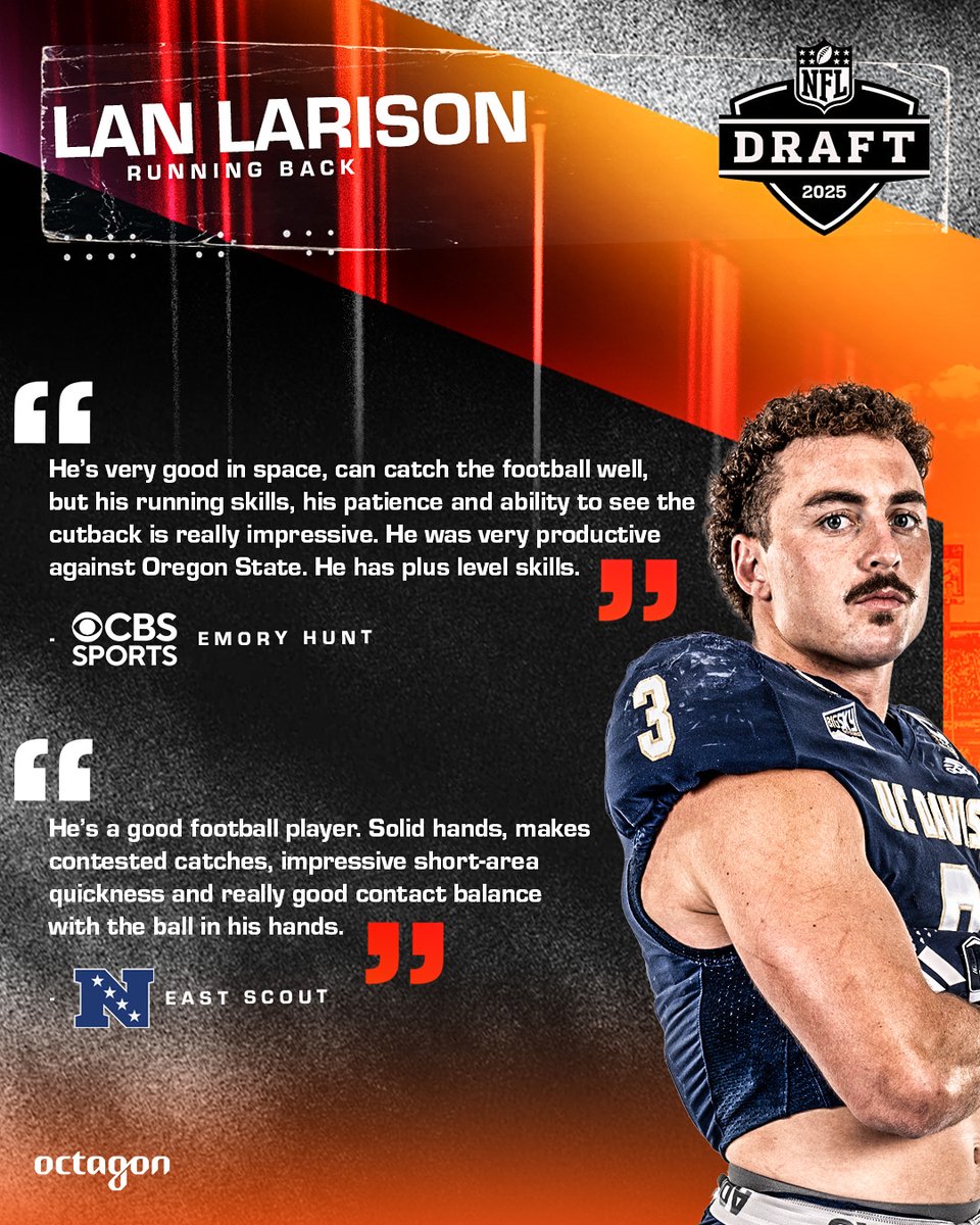 Octagon Football (@octagonfootball) on Twitter photo 🗣️ <a href="/LanLarison/">Lan Larison</a>
“He’s very good in space, can catch the football well, but his running skills, his patience and ability to see the cutback is really impressive. He was very productive against Oregon State. He has plus level skills.” – Emory Hunt, CBS Sports 🗣️ <a href="/LanLarison/">Lan Larison</a>
“He’s very good in space, can catch the football well, but his running skills, his patience and ability to see the cutback is really impressive. He was very productive against Oregon State. He has plus level skills.” – Emory Hunt, CBS Sports