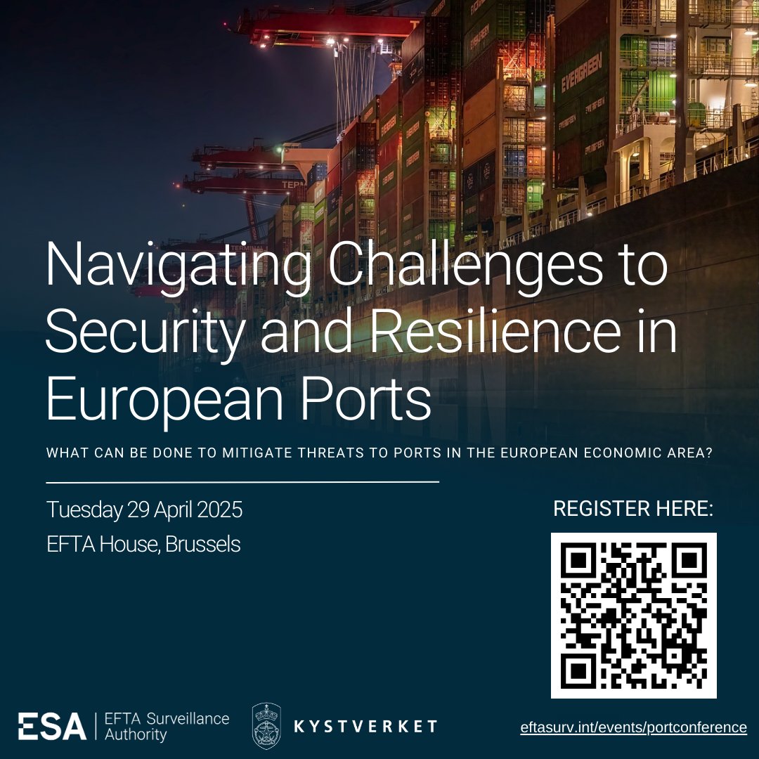 📢Places Still Available! 
Join us for an event on Navigating Challenges to Security &amp; Resilience in European Ports.🚢

📅 Tuesday, 29 April 2025 | 9:00 - 13:30 
📍 EFTA House, Brussels 
🔗 Register now: forms.office.com/e/ULu6vwNTPL