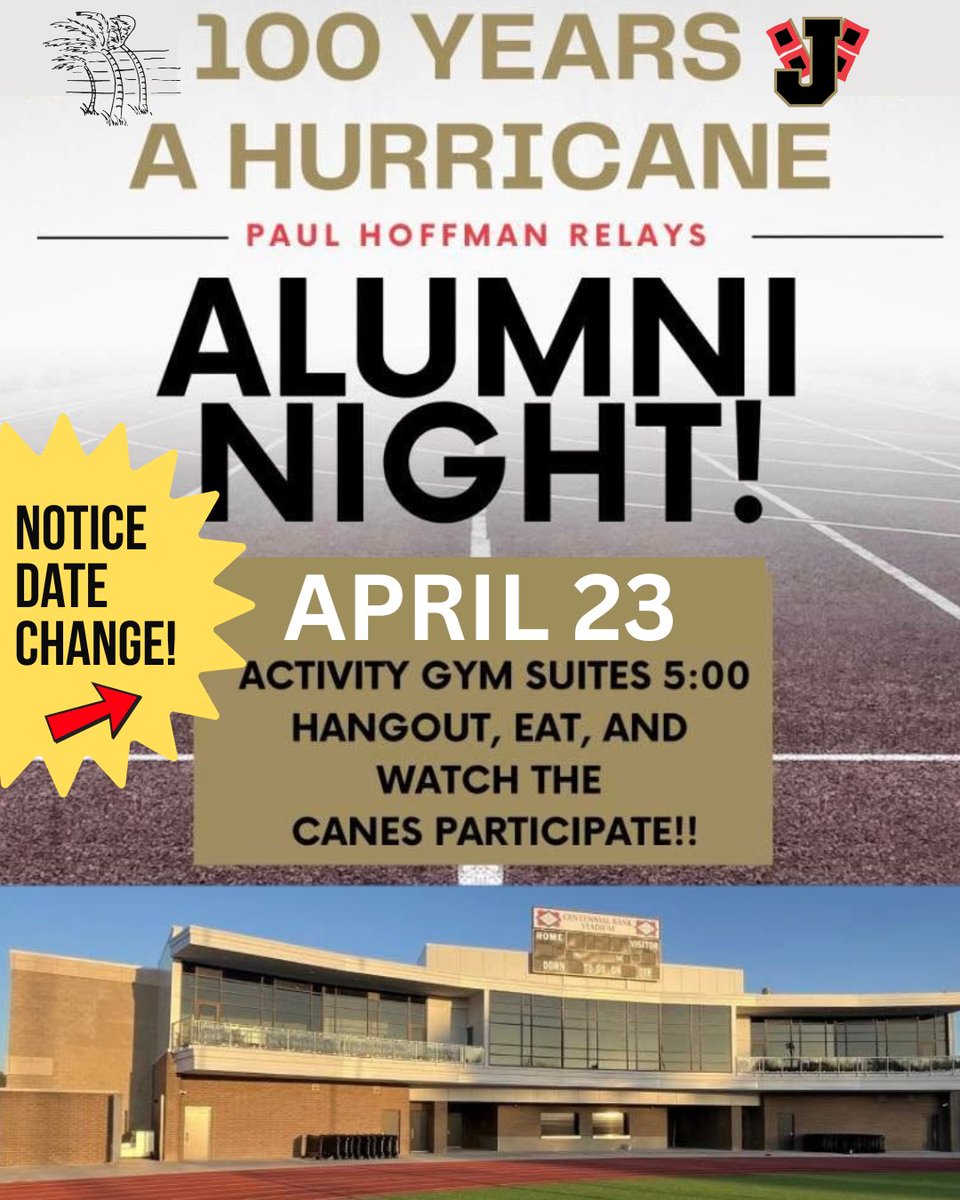 ‼️Due to forecasted weather for Thursday, JPS Paul Hoffman Relays and #100YearsAHurricane reunion for track will be tonight, Wednesday, April 23.