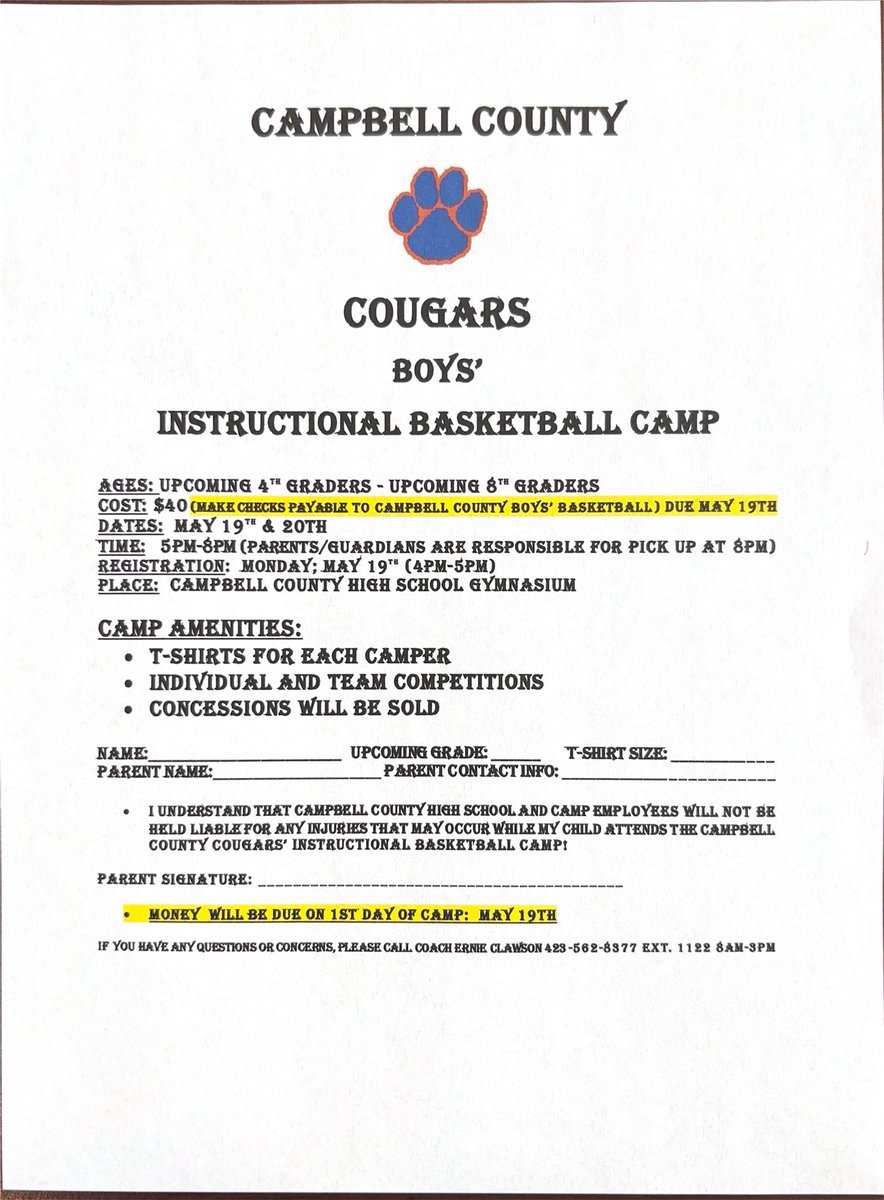 CCHS individual camp for boys!