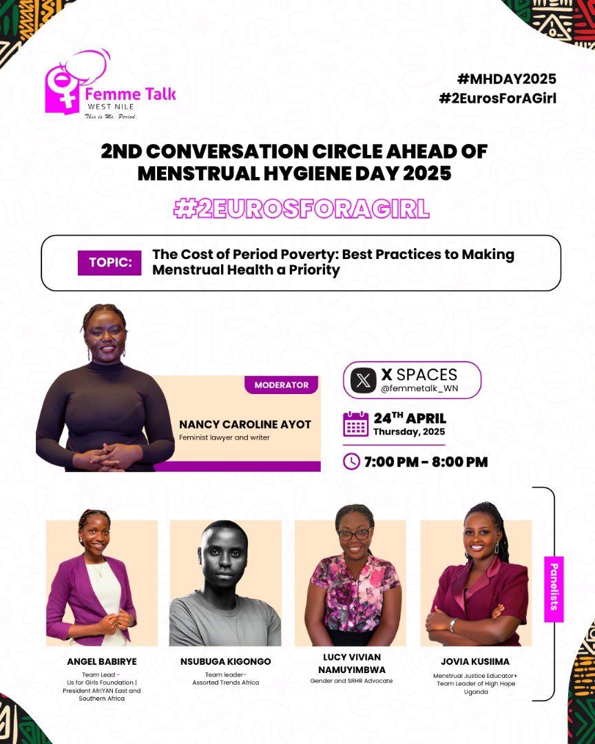 Tomorrow at 7pm EAT, two of our team members <a href="/lucyvivian7/">Lucy Vivian Namuyimbwa</a> and <a href="/angel_Babirye1/">Angel Babirye</a> will be sharing in an enlightening X space about the best practices to making Menstrual Health a priority in our community and in policy making.

Join us here to learn more;
x.com/i/spaces/1lPKq…