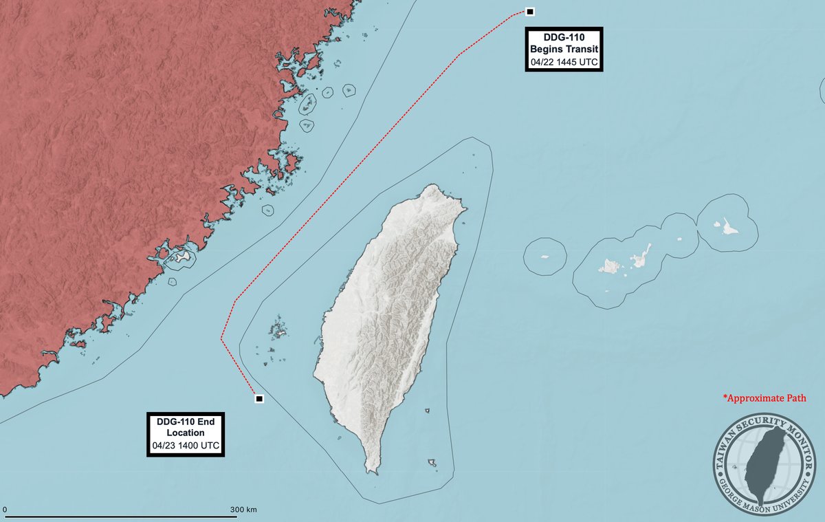 TaiwanMonitor's tweet image. NEW: The USS William P. Lawrence (DDG-110), an Arleigh Burke-class destroyer, has undertaken a transit of the Taiwan Strait from 1445 UTC on 04/22 to 1400 UTC on 04/23. 

This is the first US transit since two US Navy vessels passed through the strait on February 10-12 of this…