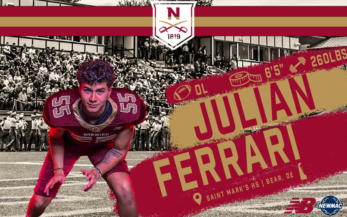 Norwich Football (@norwichfb) on Twitter photo 🖊️Julian Ferrari
🏈Offensive Line
⚖️6'5" 260lbs
🎒Bear, DE
🏫<a href="/SaintMarksHS/">Saint Mark's High School</a>
📖Biology
🪖Corps of Cadets-Air Force ROTC 🖊️Julian Ferrari
🏈Offensive Line
⚖️6'5" 260lbs
🎒Bear, DE
🏫<a href="/SaintMarksHS/">Saint Mark's High School</a>
📖Biology
🪖Corps of Cadets-Air Force ROTC