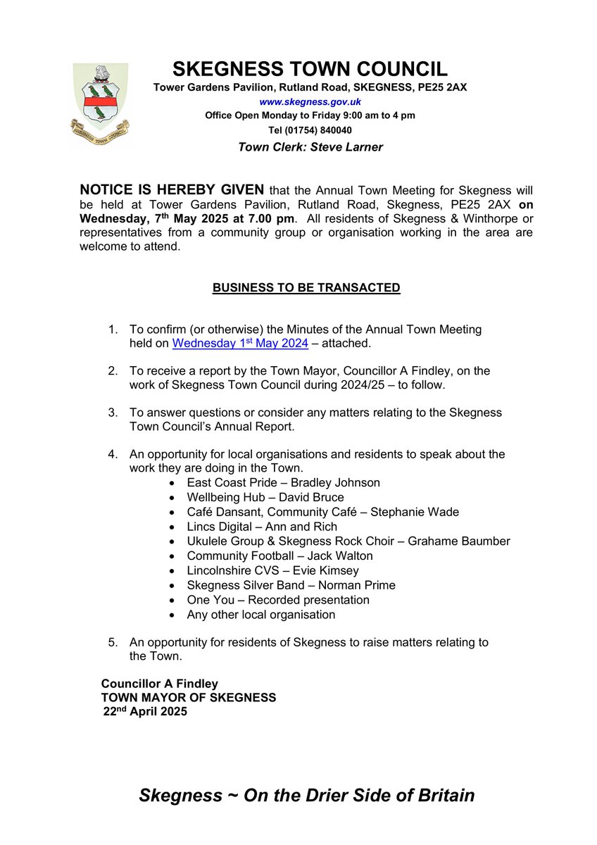 Please see below agenda for our Annual Towns meeting taking place on the 7th May at 7pm at Tower Gardens Pavilion.