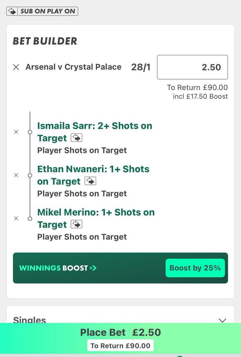 DailyBetBankers's tweet photo. Pre- lineup bet builder. If they don’t start I’ll update and cash for full amount 
£2.50 stake #ARSCRY #betting #bettingtips https://t.co/OKLcfDAnH0
