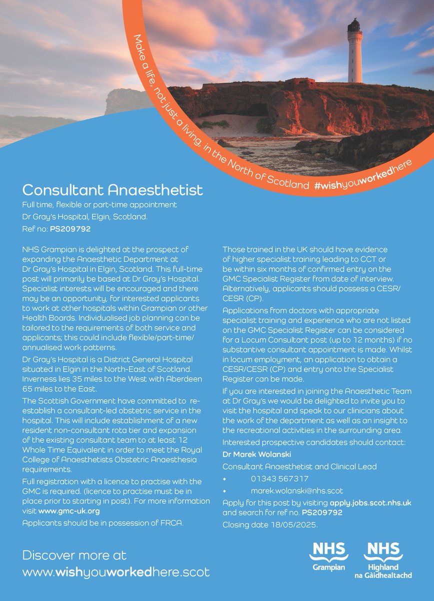 Dr Gray's Hospital (@drgrays_elgin) on Twitter photo #WishYouWorkedHere Consultant Anaesthetist
<a href="/NHSGrampian/">NHS Grampian</a> is delighted at the prospect of expanding the Anaesthetic Department <a href="/DrGrays_Elgin/">Dr Gray's Hospital</a>.
Apply for this post at: apply.jobs.scot.nhs.uk/Job/JobDetail?…
Discover more at wishyouworkedhere.scot #WishYouWorkedHere Consultant Anaesthetist
<a href="/NHSGrampian/">NHS Grampian</a> is delighted at the prospect of expanding the Anaesthetic Department <a href="/DrGrays_Elgin/">Dr Gray's Hospital</a>.
Apply for this post at: apply.jobs.scot.nhs.uk/Job/JobDetail?…
Discover more at wishyouworkedhere.scot