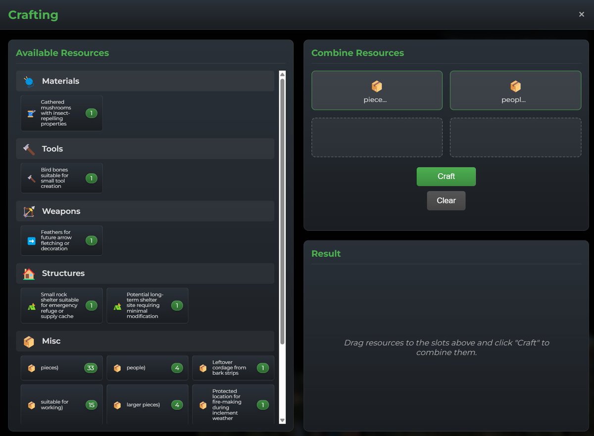 working on the crafting system:
Remember, the objects you can find and that you can build are not scripted: the possibilities are infinite, from stone tools to nuclear reactors!