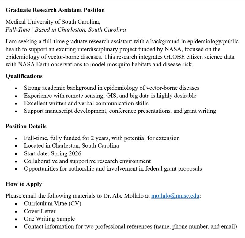 Now Hiring: Graduate Research Assistant
Join the team at the Medical University of South Carolina for a fully funded, full-time position starting Spring 2026! #citizenscience #gis #NASAScience