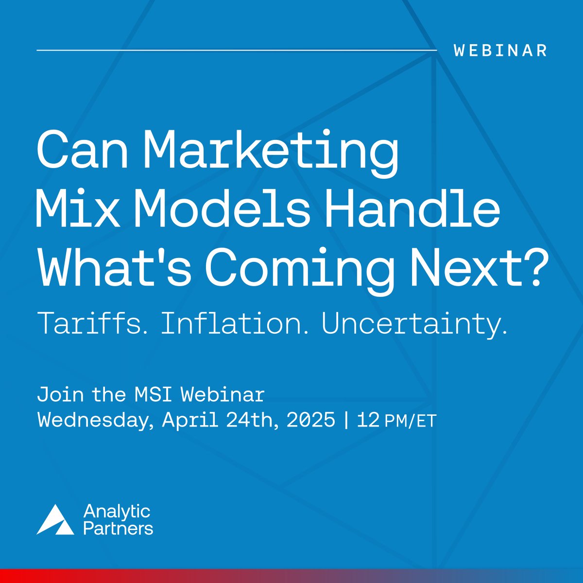 📉 Tariffs. Inflation. Supply chain chaos. Are MMMs built for this?
Don't miss Jason McNellis on the <a href="/MktgScience/">MSI</a>'s panel on Wednesday, April 24 at 12pm ET as they explore how Marketing Mix Models must evolve in volatile times.

hubs.la/Q03jw5NC0