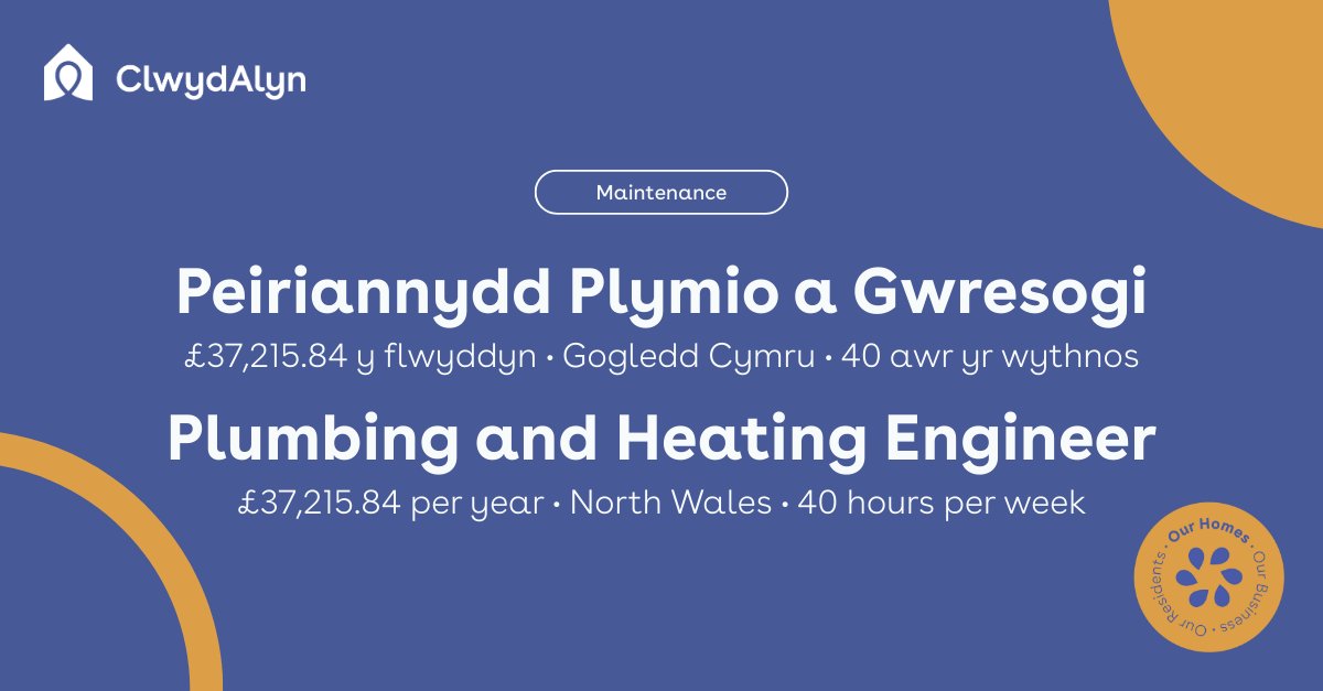 📣 Swydd Newydd/ New vacancy! 

Peiriannydd Plymio a Gwresogi l Pluming &amp; Heating Engineer
Dyddiad Cae l Closing Date 05/05/2025

I ddysgu mwy, ewch draw i'n gwefan: clwydalyn.co.uk/cy/work-for-us/
To learn more, head to our website: clwydalyn.co.uk/work-for-us/

#swyddnewydd #jobsnorthwales