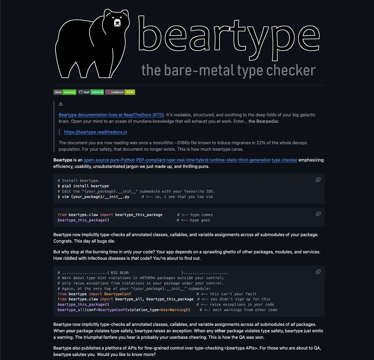 D4Vinci1's tweet image. beartype

Meet Beartype, a pure-Python type checker that&apos;s fast, flexible &amp;amp; compliant with PEP standards. Say goodbye to type hint headaches! #Beartype #TypeChecking #Python