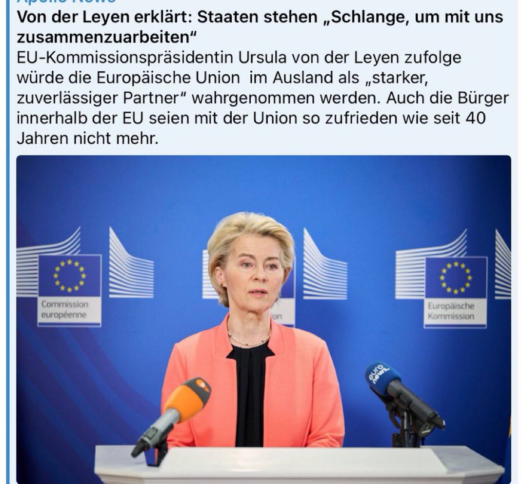 Wie bitte? „Die Bürger der EU seien mit der Union so zufrieden wie seit 40 Jahren nicht mehr.“ 

- Hat die Lack gesoffen? 

👉🏼 Ich frage DICH: bist DU zufrieden mit der Union? Simpel Ja 👍 oder Nein 👎

Bitte RT für Validität der Stichprobe