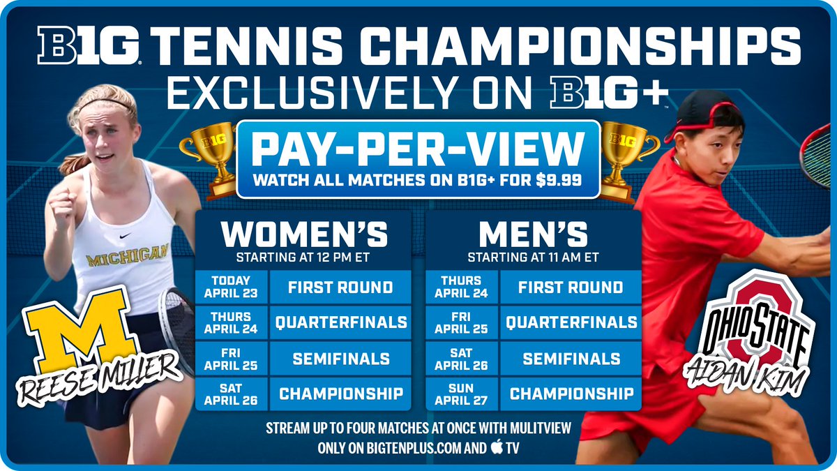 BigTenPlus's tweet image. βΌ IT STARTS NOW
πΎ Men's & Women's B1G Tennis Tournament
ποΈ Subscribe and watch all matches on B1G+ through Sunday for only $9.99
πΊ Stream it all π bit.ly/B1GEventCal