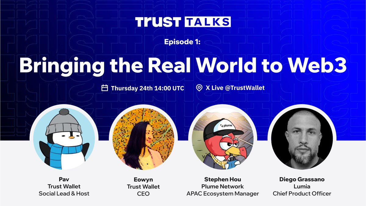 Trust Wallet (@trustwallet) on Twitter photo 🎙️ Trust Talks S2.EP1 is Going Live Tomorrow!
Join us as we unpack RWA's on-chain future, key challenges, and the next wave of adoption.
With Special Guests <a href="/plumenetwork/">Plume - RWAfi Chain</a> , <a href="/BuildOnLumia/">Lumia</a> & Trust Wallet CEO <a href="/EowynChen/">Eowync.eth</a> hosted by @Pav_eth.
🗓️ Thursday, April 24th @ 2PM UTC
📍 🎙️ Trust Talks S2.EP1 is Going Live Tomorrow!
Join us as we unpack RWA's on-chain future, key challenges, and the next wave of adoption.
With Special Guests <a href="/plumenetwork/">Plume - RWAfi Chain</a> , <a href="/BuildOnLumia/">Lumia</a> & Trust Wallet CEO <a href="/EowynChen/">Eowync.eth</a> hosted by @Pav_eth.
🗓️ Thursday, April 24th @ 2PM UTC
📍