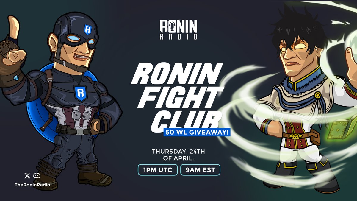 Free Mint Inside!😉 
Read for full details.

Tomorrow we're hosting @RoninFightClub on Ronin Radio. The discussion would be around their project and upcoming mint of their NFT on <a href="/Ronin_Network/">Ronin</a> 

🕑 9 AM EST

Mint Details: 
▫️ Total supply: 5555
▫️ Date: TBA (May)
▫️ Mint Price: