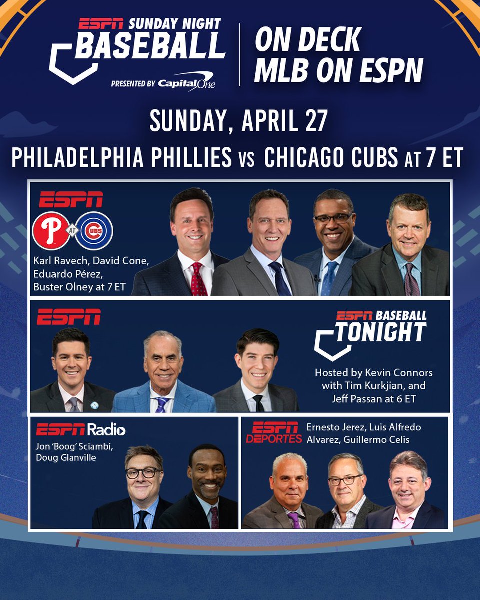 ESPN PR (@espnpr) on Twitter photo This weekend, #SundayNightBaseball features Bryce Harper & the Philadelphia Phillies visiting Kyle Tucker & the Chicago Cubs
⚾️ 7p ET | #RingTheBell vs #BeHereForIt | ESPN
🎙️<a href="/karlravechespn/">Karl Ravech</a>, <a href="/dcone36/">David Cone</a>, <a href="/PerezEd/">Eduardo Perez</a>, <a href="/Buster_ESPN/">Buster Olney</a> This weekend, #SundayNightBaseball features Bryce Harper & the Philadelphia Phillies visiting Kyle Tucker & the Chicago Cubs
⚾️ 7p ET | #RingTheBell vs #BeHereForIt | ESPN
🎙️<a href="/karlravechespn/">Karl Ravech</a>, <a href="/dcone36/">David Cone</a>, <a href="/PerezEd/">Eduardo Perez</a>, <a href="/Buster_ESPN/">Buster Olney</a>