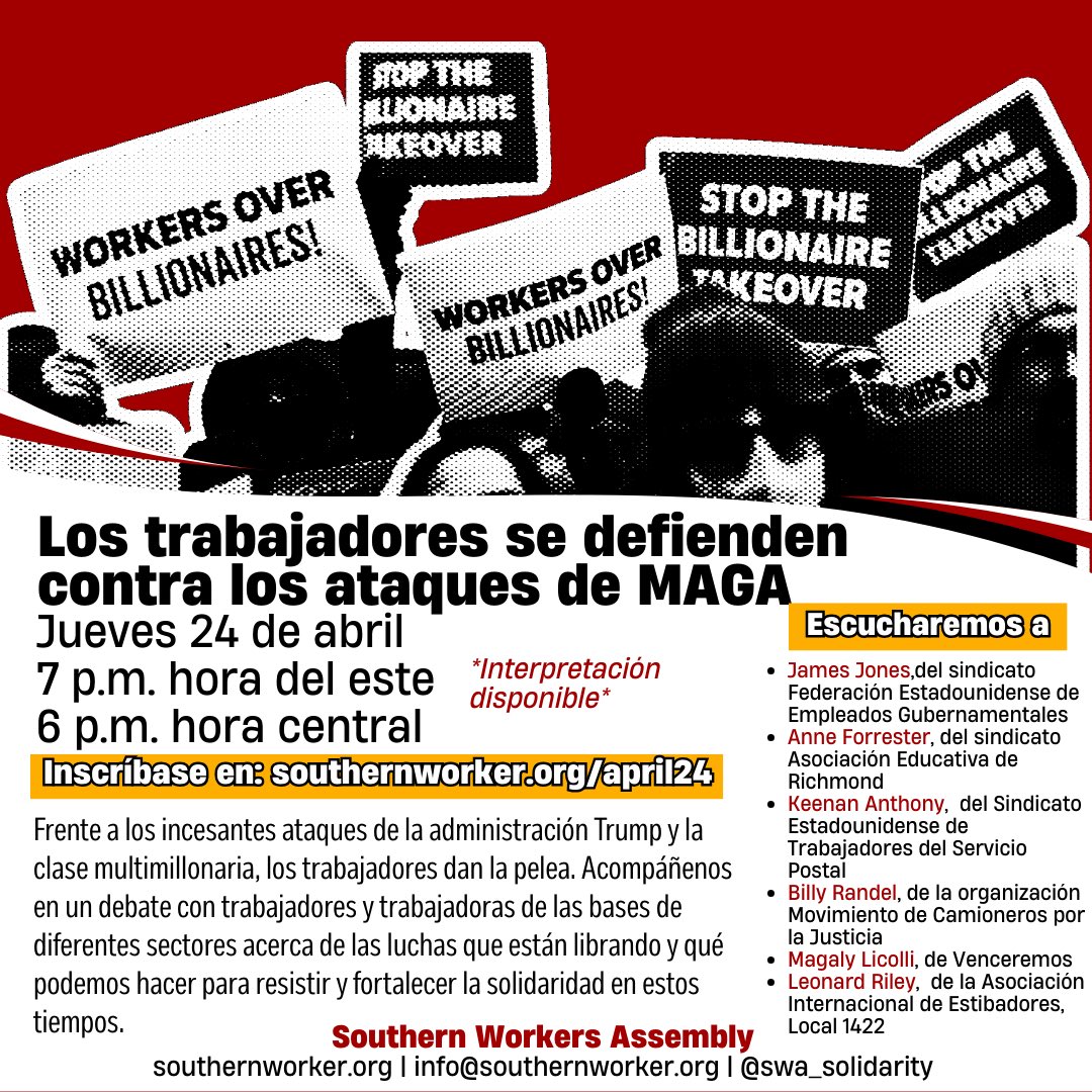 Southern Workers Assembly (@swa_solidarity) on Twitter photo Join us for a discussion with Southern workers in various sectors about struggles theyāre waging and what all workers can do to push back and build solidarity in this period, featuring <a href="/VenceremosAR/">Venceremos</a>, <a href="/FedWorkersUtd/">FedWorkersUnited</a>, <a href="/virginiacaucus/">VCORE</a>, and more
Register: southernworker.org/april24 Join us for a discussion with Southern workers in various sectors about struggles theyāre waging and what all workers can do to push back and build solidarity in this period, featuring <a href="/VenceremosAR/">Venceremos</a>, <a href="/FedWorkersUtd/">FedWorkersUnited</a>, <a href="/virginiacaucus/">VCORE</a>, and more
Register: southernworker.org/april24