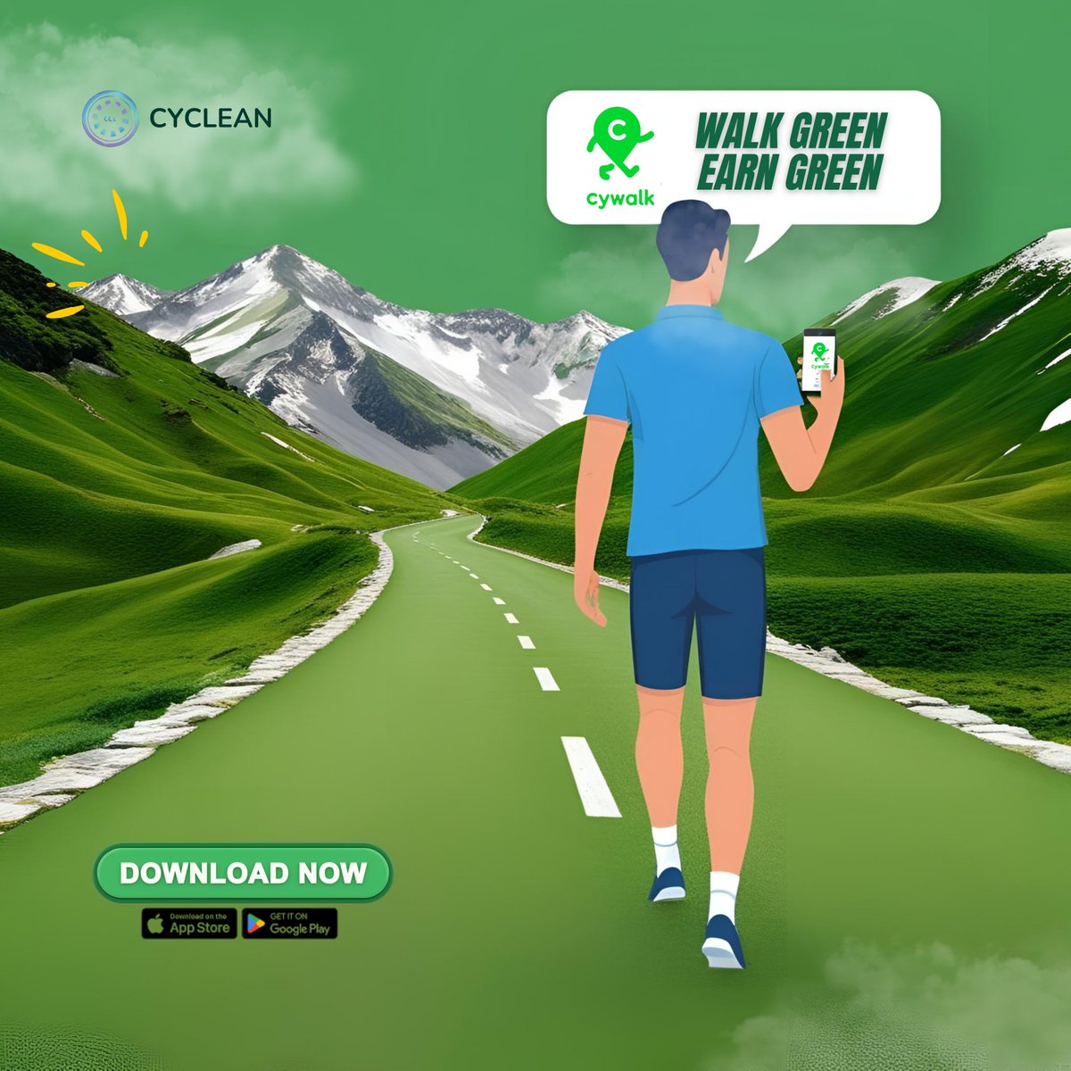 Walk green, earn green with Cywalk!  Join the movement to stay fit and support a cleaner planet. Download it now from the App Store or Google Play!

 "WALK GREEN EARN GREEN" and "DOWNLOAD NOW"

Google Play Store : play.google.com/store/apps/det…

Apple App Store : apps.apple.com/us/app/cyclean…