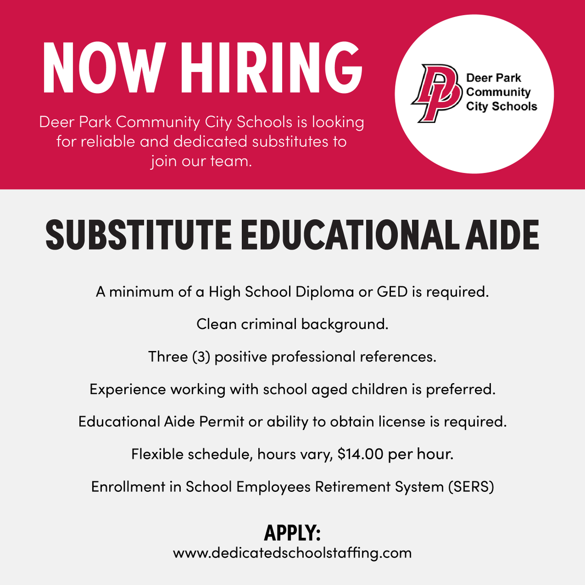 Dedicated School Staffing (@dedicated_ss) on Twitter photo Become a Substitute Educational Aide! Apply today and support Deer Park Community City Schools (<a href="/DeerParkSchools/">Deer Park Schools</a>). Use your passion for education and impact the lives of students, join our team! Learn more: bit.ly/3PCtHYa Become a Substitute Educational Aide! Apply today and support Deer Park Community City Schools (<a href="/DeerParkSchools/">Deer Park Schools</a>). Use your passion for education and impact the lives of students, join our team! Learn more: bit.ly/3PCtHYa