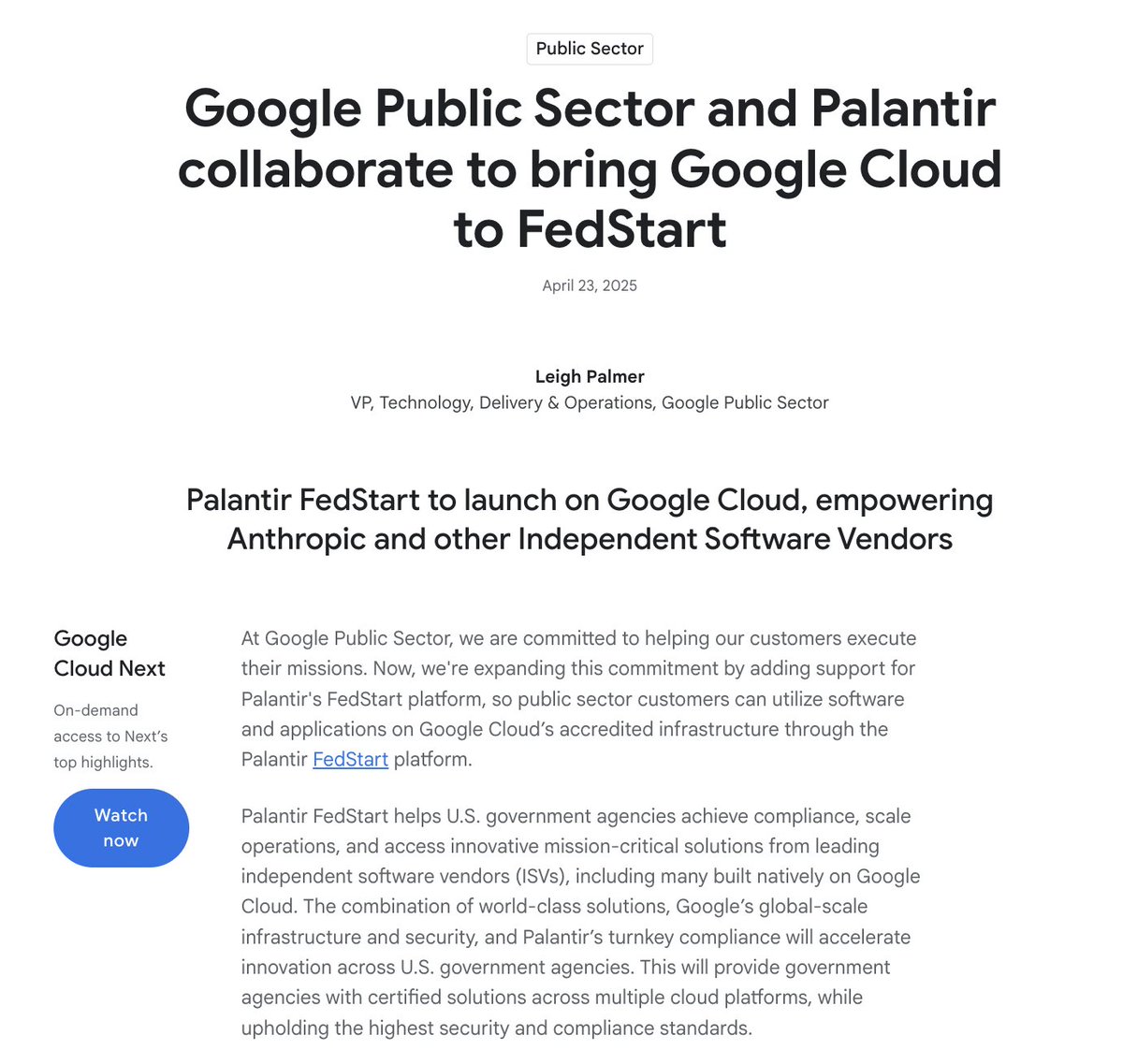 GOOGLE $GOOGL PUBLIC SECTOR AND PALANTIR $PLTR COLLABORATE TO BRING GOOGLE CLOUD TO FEDSTART AND US GOVERNMENT AGENCIES
