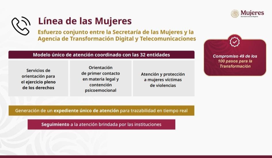 Tal como anunció la presidenta <a href="/Claudiashein/">Claudia Sheinbaum Pardo</a>, la #LíneaDeLasMujeres que inició en la Ciudad de México, será una realidad en todo el territorio nacional. Por primera vez el <a href="/GobiernoMX/">Gobierno de México</a> contará con una línea exclusiva para dar atención especializada y con perspectiva a todas las