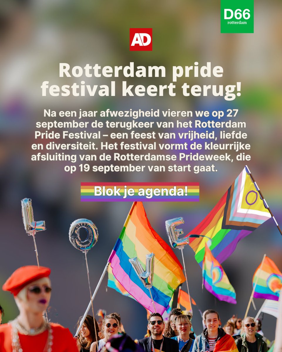🌈 Rotterdam Pride is terug!
🕺Zet 27 september in je agenda en vier vrijheid, liefde &amp; diversiteit met ons mee tijdens het kleurrijkste festival van Rotterdam 🏳️‍🌈