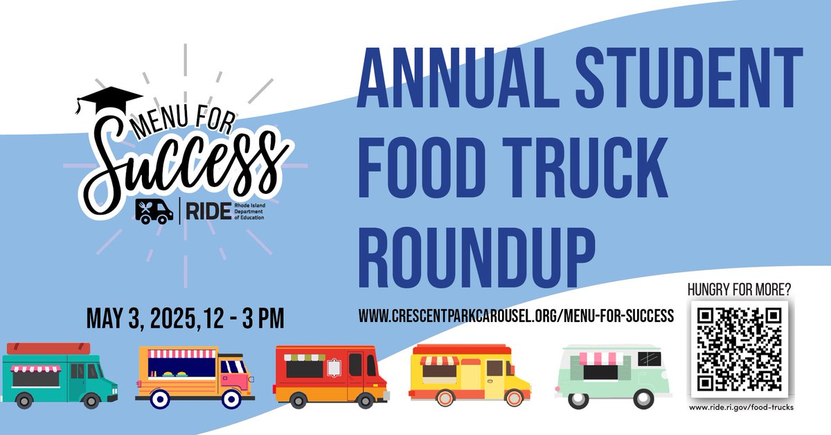 RIDeptEd's tweet image. Tickets are on sale for the 2nd annual #MenuForSuccess Student Food Truck Roundup on Saturday, 5/3 @ Crescent Park in @CityofEastProv! Attendees will be able to sample food from student-run food trucks as they compete for top prizes. Tix are $20. Buy now: bit.ly/42mgrgx