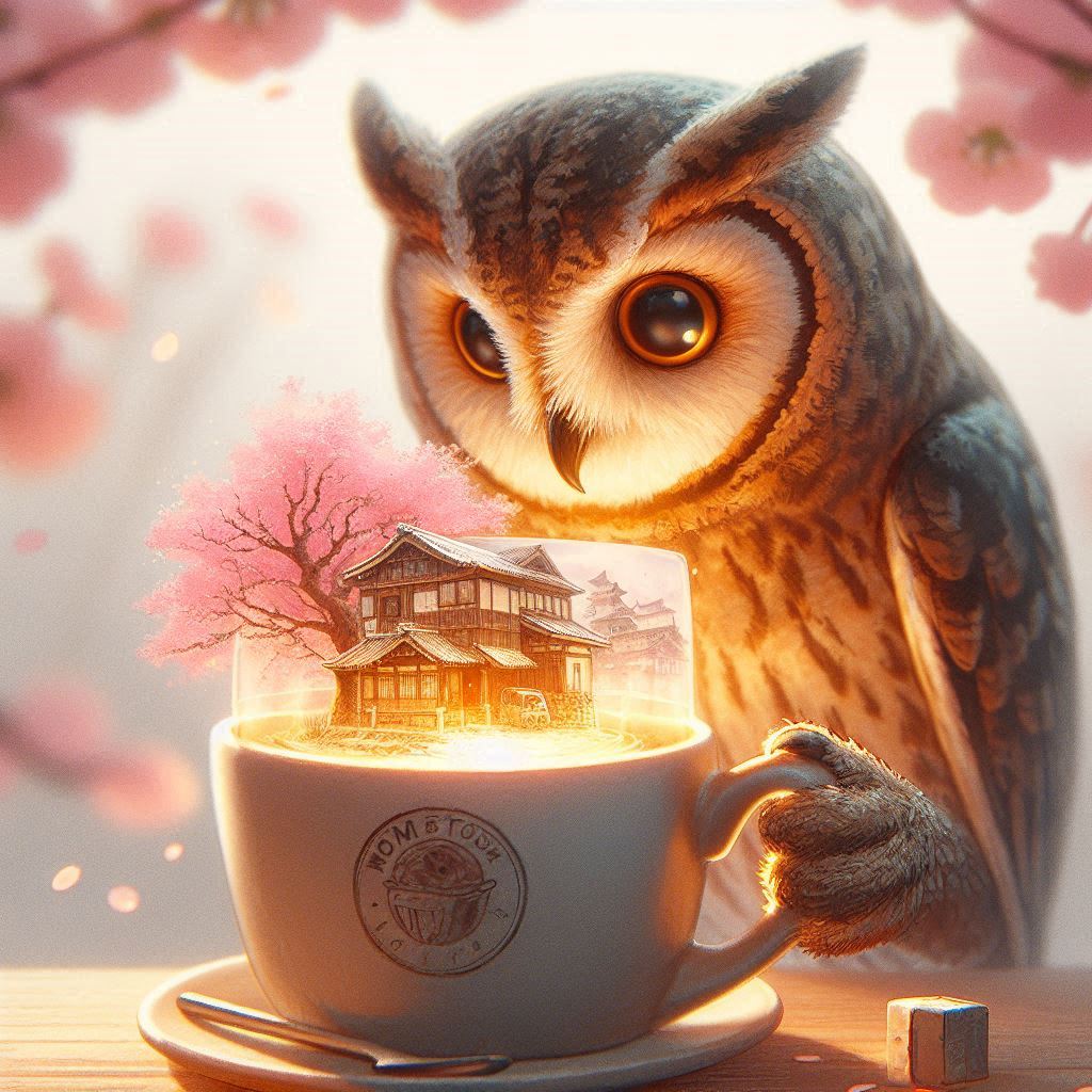 BWDGPMNqhXZqsEl's tweet image. 貓頭鷹推出一杯 發光的熱飲，標籤寫著「記憶拿鐵」 
熱飲蒸氣中浮現賓客 童年片段（模糊的櫻花樹/老房子）
#OwlAesthetic #TinyAnimals #CuteOverload #WholesomeWildlife #OwlObsession