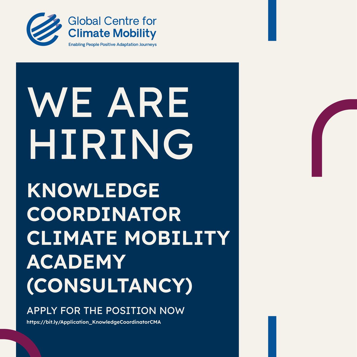 Global Centre for Climate Mobility (@gccmobility) on Twitter photo The <a href="/GCCMobility/">Global Centre for Climate Mobility</a> is seeking a dedicated and creative Knowledge Coordinator, Climate Mobility Academy to support the design and delivery of the Foundation’s educational and capacity-building initiatives.
Link to apply by April 30th : bit.ly/Application_Kn… The <a href="/GCCMobility/">Global Centre for Climate Mobility</a> is seeking a dedicated and creative Knowledge Coordinator, Climate Mobility Academy to support the design and delivery of the Foundation’s educational and capacity-building initiatives.
Link to apply by April 30th : bit.ly/Application_Kn…