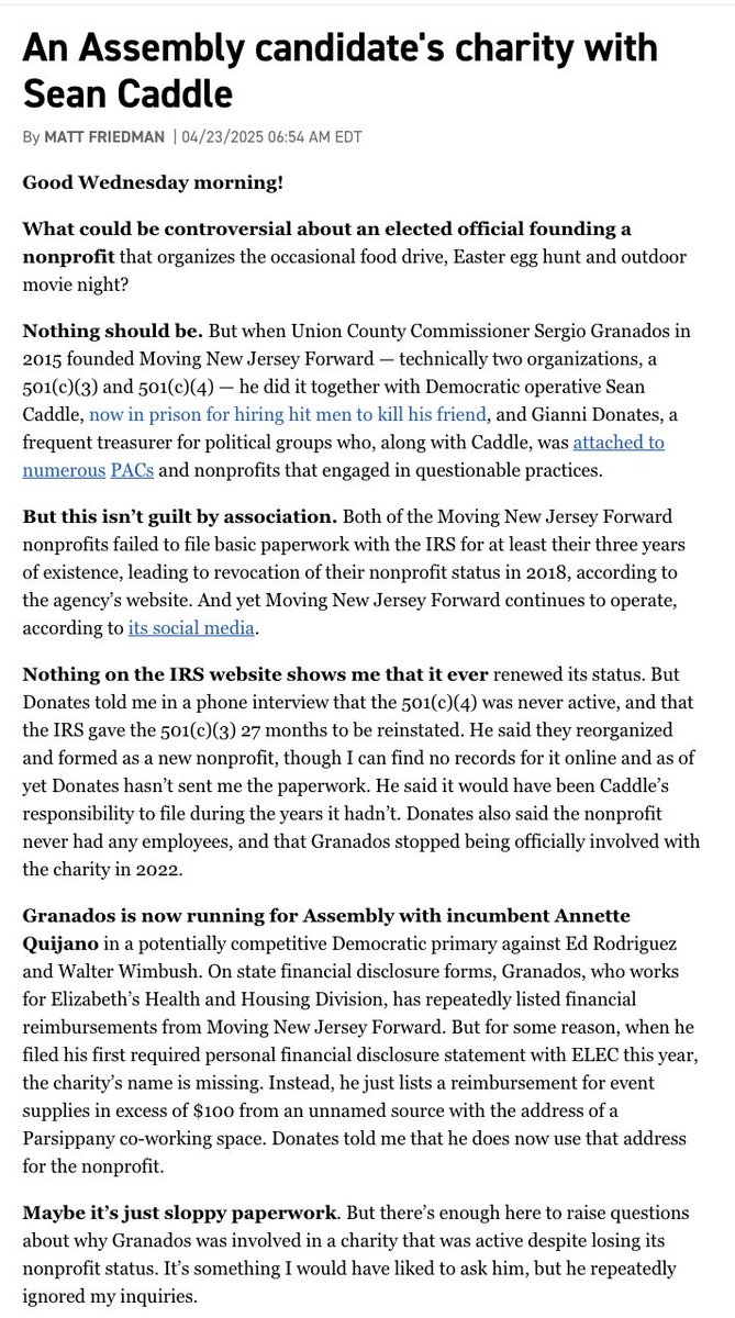 A Democratic Union County commissioner now running for Assembly founded a charity with two men known for setting up a network of dark money groups, one of whom hired hit men to kill a friend. The charity had its non-profit status revoked by the IRS, but continued to operate