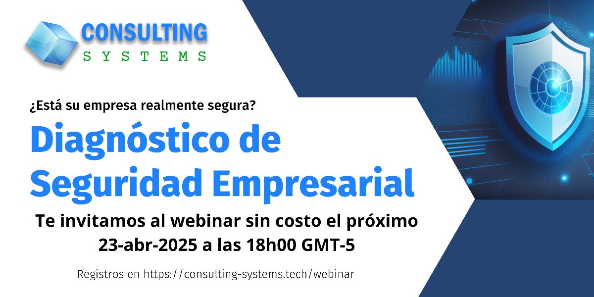 🔐 Hoy miércoles 23/04 a las 6PM (GMT-5), acompáñanos en el Webinar de Seguridad Empresarial. Protege la reputación y datos de tu empresa. ¡Regístrate gratis! 👉 consulting-systems.tech/webinar
#Ciberseguridad #Webinar #ConsultingSystems