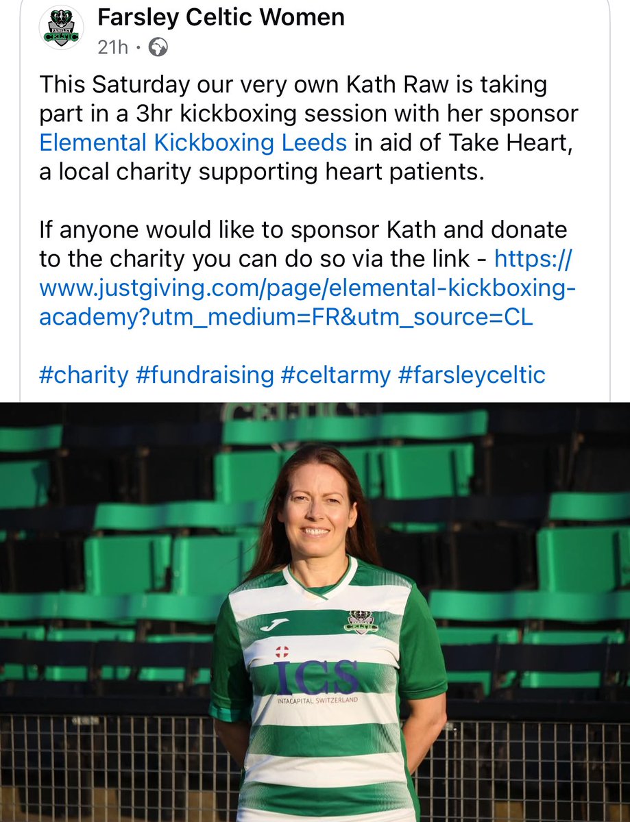 Farsley Celtic (@farsleycelticfc) on Twitter photo Good luck to <a href="/FarsleyCeltWFC/">Farsley Celtic WFC</a> player Kath Raw in her 3hr kickboxing fundraiser in aid of heart charity Take Heart!
Here’s how you can support Kath and get behind such a worthy cause ⬇️
justgiving.com/page/elemental… Good luck to <a href="/FarsleyCeltWFC/">Farsley Celtic WFC</a> player Kath Raw in her 3hr kickboxing fundraiser in aid of heart charity Take Heart!
Here’s how you can support Kath and get behind such a worthy cause ⬇️
justgiving.com/page/elemental…