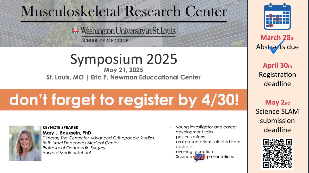 WashU_MRC's tweet image. Thank you to all who submitted abstracts for the WashU MRC Symposium in 4 weeks! If you plan to attend, this is a friendly reminder to please register. There is no fee!
@WashUBME @washumedpt @WashUMedBMD @WashUdbbs