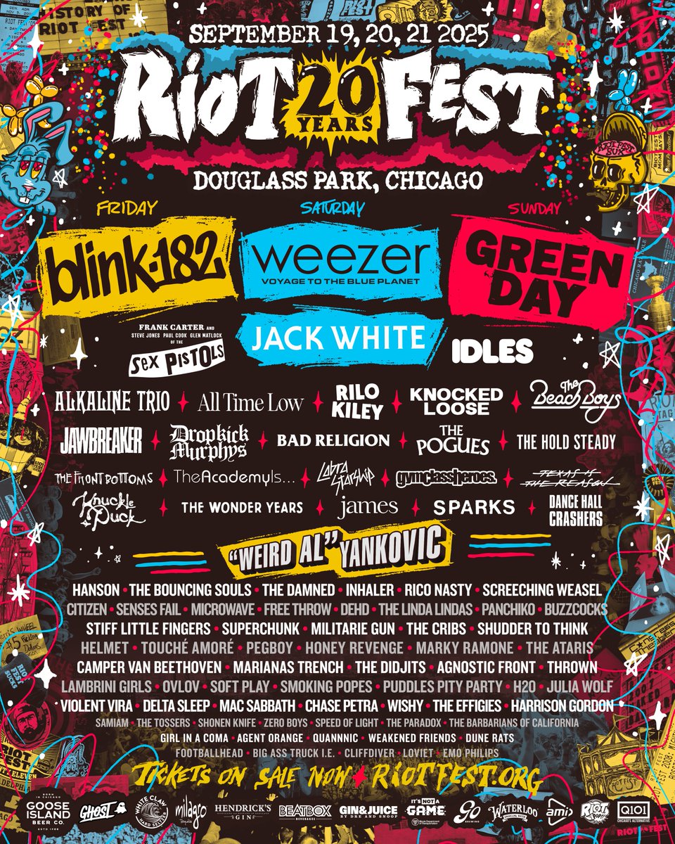 The Riot Fest 20th Anniversary  Lineup is here. 
September 19-21, 2025. Douglass Park. Chicago, IL.
3-DAY tickets on sale now.  riotfest.tixr.com/RF25