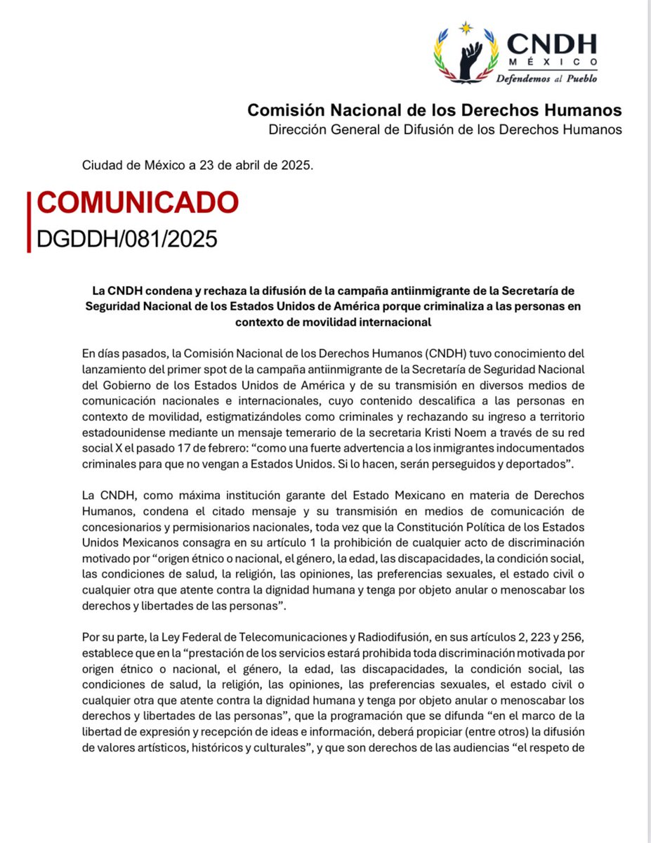 CNDH's tweet photo. Condenamos y rechazamos la campaña antiinmigrante de la Secretaría de Seguridad Nacional de EE.UU., transmitida en medios de comunicación mexicanos, porque criminaliza a las personas en contexto de movilidad internacional.

#DefendemosAlPueblo https://t.co/KUXftVAiGq