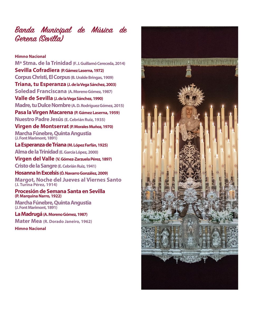 LUNES SANTO 2025 | MARCHAS INTERPRETADAS 

Os compartimos el listado de marchas interpretadas del repertorio previsto por <a href="/bandacoloraos/">LOS COLORAOS</a> tras Jesús Cautivo y Rescatado; y la <a href="/BMGerena/">Municipal de Gerena</a> tras el palio de María Santísima de la Trinidad, el pasado Lunes Santo 2025.