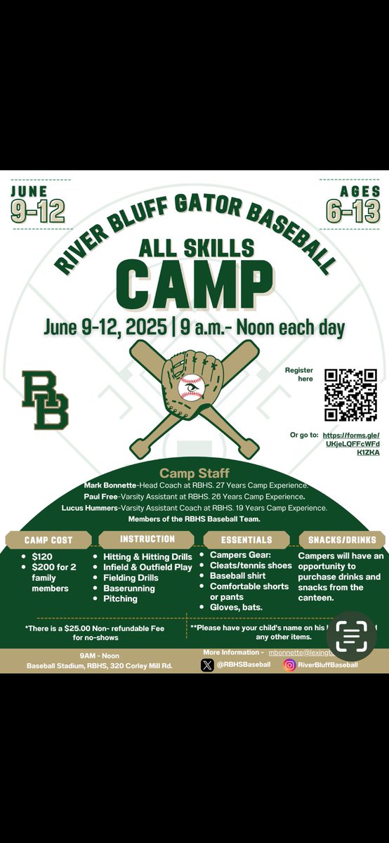 Registration for our All Skills Gator Baseball Camp June 9-12th  is now open! Scan the QR code on the flyer to register.