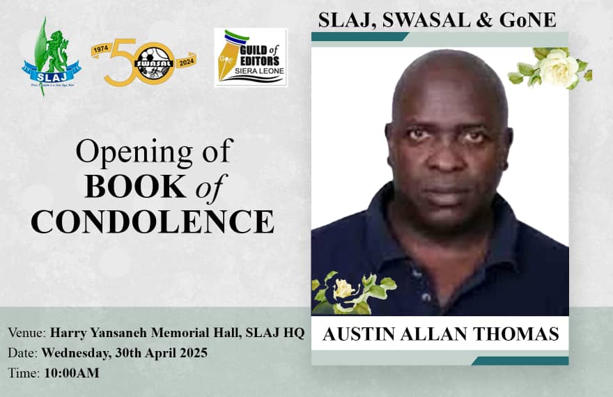 Sports Writers Association of Sierra Leone (@swasal_sl) on Twitter photo The <a href="/SWASAL_SL/">Sports Writers Association of Sierra Leone</a>, together with our parent body, <a href="/SLAJ_Salone/">SLAJ Salone</a>, and #GuildofNewspapersEditors will on Wednesday April 30th open a book of condolence for our former Vice President, #AustinAllanThomas who passed away in #UnitedKingdom The <a href="/SWASAL_SL/">Sports Writers Association of Sierra Leone</a>, together with our parent body, <a href="/SLAJ_Salone/">SLAJ Salone</a>, and #GuildofNewspapersEditors will on Wednesday April 30th open a book of condolence for our former Vice President, #AustinAllanThomas who passed away in #UnitedKingdom
