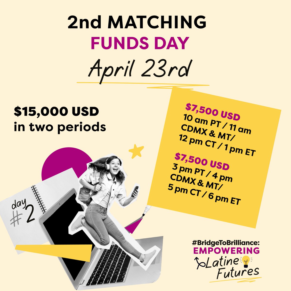 💸💸Another MATCHING FUNDS day 💸💸 

Your donation today gets supercharged, supporting grassroots organizations that are transforming Latine students' educational journeys. 

$15,000 USD in two periods:
✨$7,500 USD - 1 pm ET
✨$7,500 USD  - 6 pm ET