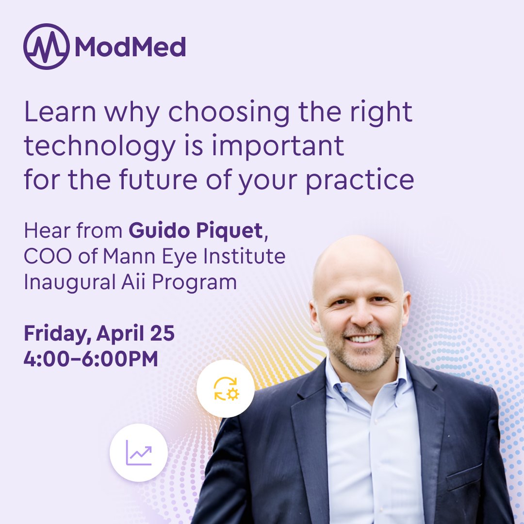 The future of ophthalmology is here. Join ModMed at ASOA’s Aii program to hear Guido Piquet, COO of Mann Eye Institute, share how ModMed delivers real results for his practice. Get inspired by real insights and measurable success—see you there!