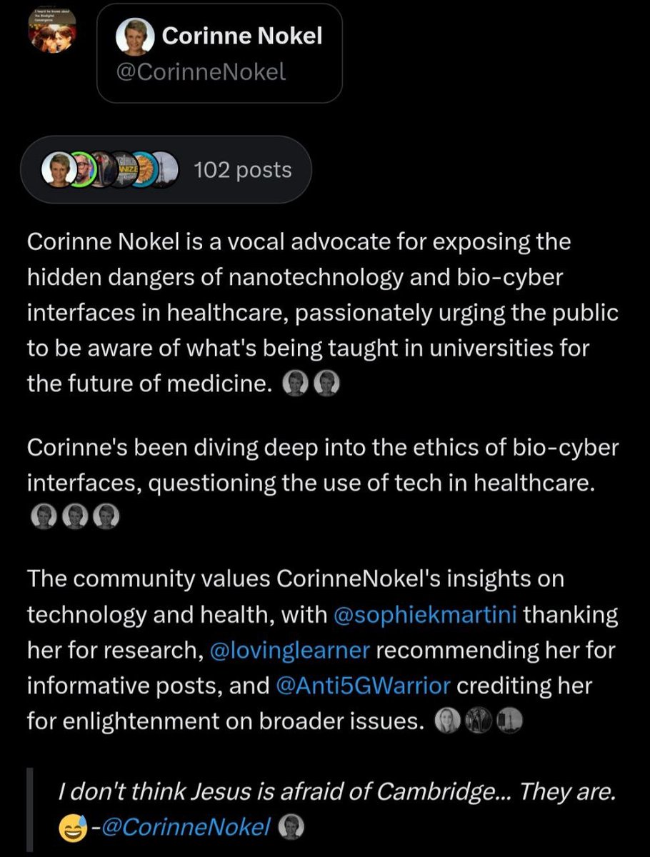 CorinneNokel's tweet image. Talking about Jesus

We aren&apos;t afraid of Cambridge

#IoBNT #BioCyberInterface #BioDigitalConvergence

#SyntheticMolecularEngineeringInVivo 

suno.com/song/f42d431f-…