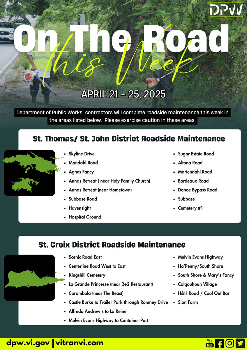 Department of Public Works’ contractors will complete roadside maintenance this week in the areas listed below.  Please exercise caution in these areas.
