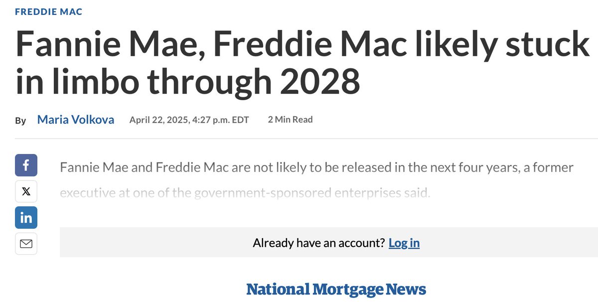 mortgagetruth's tweet photo. Welp: Fannie Mae and Freddie Mac aren't likely to be released in the next four years, according to former Freddie Mac CEO Don Layton. https://t.co/8GuEiMKZuj