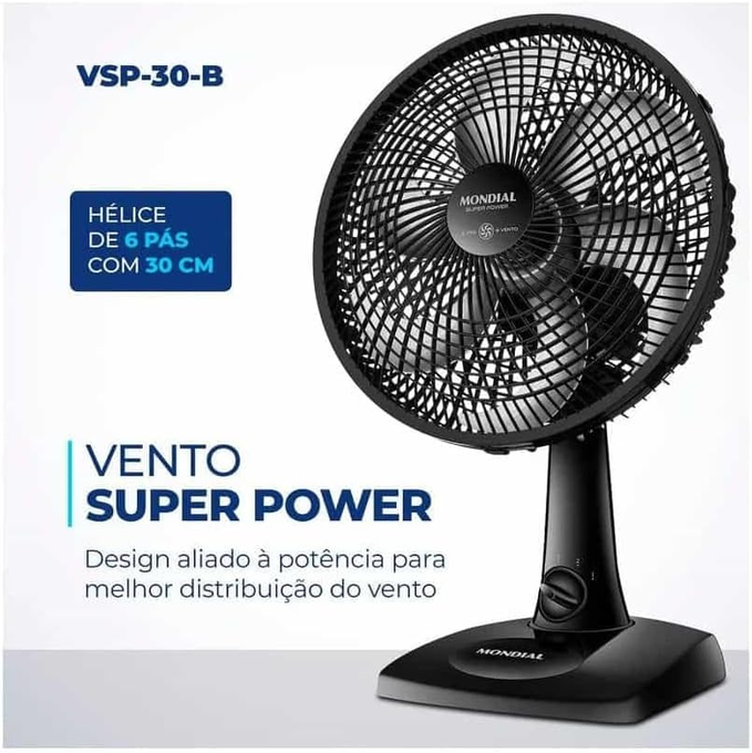 Ventilador de Mesa MONDIAL 127V, 30cm, 6 pás, Super Power – VSP-30-W
