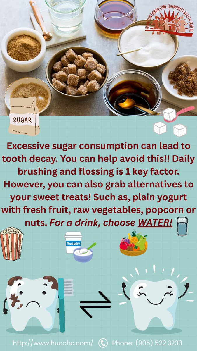 hucchc's tweet image. 🦷✨ Sweet Tooth? Think Twice!
Too much sugar can lead to tooth decay — but YOU can prevent it! 💪
✅ Brush &amp;amp; floss daily
✅ Swap sweets for healthy alternatives like fruit, yogurt, veggies, popcorn, or nuts
💧 And when you're thirsty? Choose WATER!

#OralHealth #ToothTips #HUC
