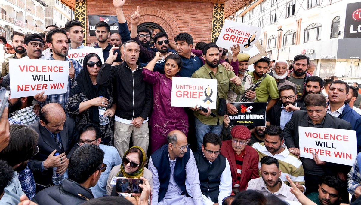 In Pics: Jammu and Kashmir Chief Minister #OmarAbdullah's sons Zamir Abdullah and Zahir Abdullah, along with supporters, protest against the #PahalgamTerrorAttack, in Srinagar on Wednesday. (ANI Photo)

<a href="/JKNC_/">JKNC</a> <a href="/OmarAbdullah/">Omar Abdullah</a>