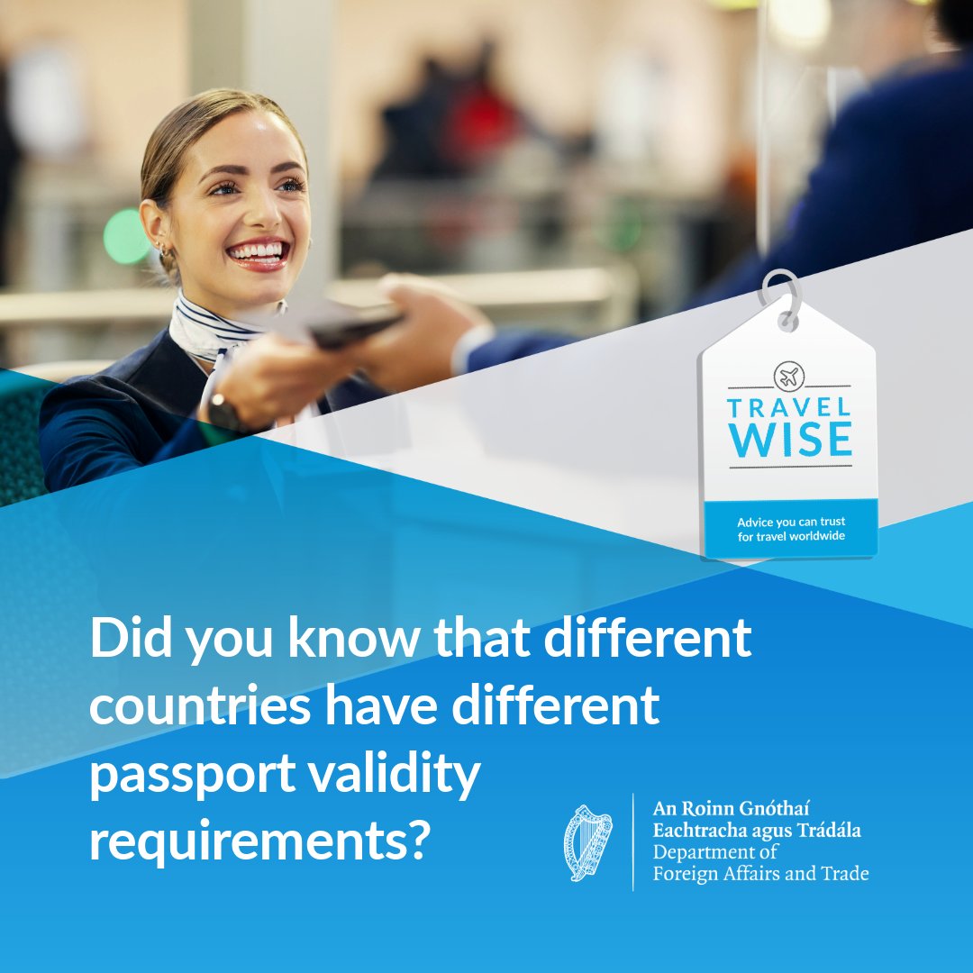 Did you know ❔

Just because your passport is valid for the duration of your trip, it does not necessarily mean it will be accepted for entry to your destination.

Check the passport validity requirements for your destination in advance of your trip at Ireland.ie/TravelWise ✈️