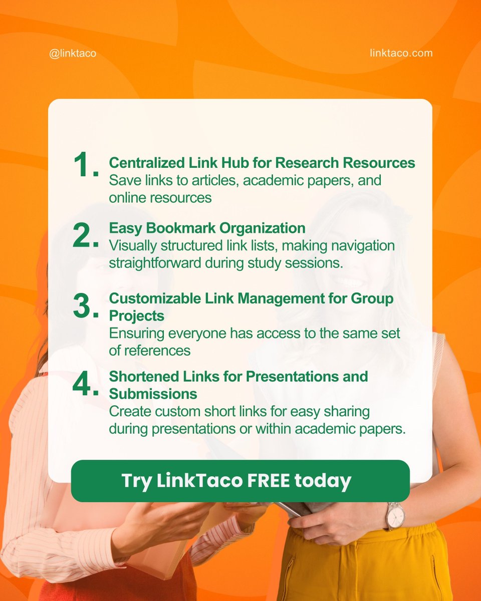 College students, here are some ideas about streamlining your digital life with LinkTaco! 📚🎓

Whether you’re writing a thesis, managing coursework, or working on a group project, LinkTaco keeps you organized. 

🌮 Try it FREE now: linkta.co/lt-features  🔗